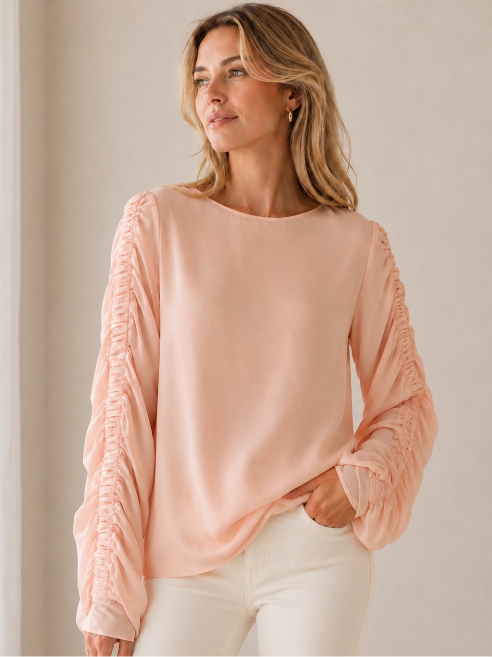 Antonio Melani 100% Silk Blush Pink Ruched Sleeve Blouse Long Sleeve Top L